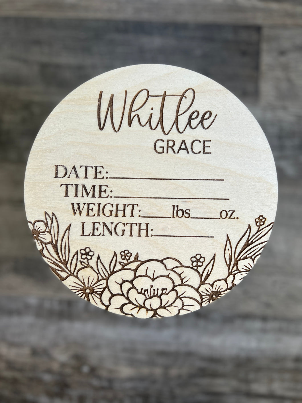 Floral Engraved Baby Announcement Round